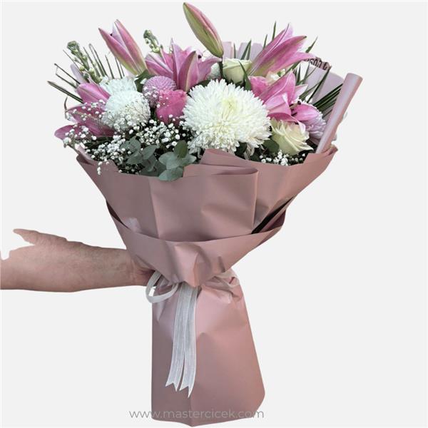 Pembe Lilyum ve Krizantem Karışık Buket – Canlı Çiçek