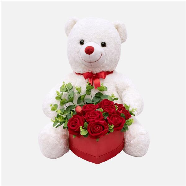 50 cm Peluş Ayı & Yapay Kırmızı Gül Kutusu