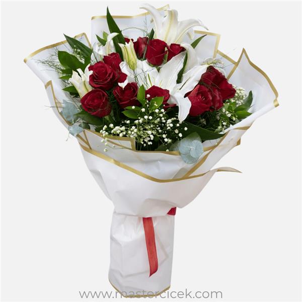 Kırmızı Gül & Beyaz Lilyum Buketi